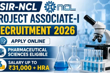 CSIR-NCL Project Associate-I Recruitment 2026 YouTube thumbnail featuring a laboratory microscope, test tubes, chemical flasks, and bold text highlighting recruitment, pharmaceutical sciences eligibility, apply online, and salary up to ₹31,000 + HRA.