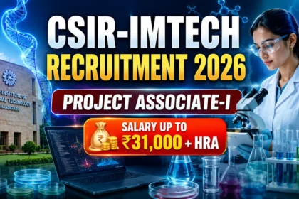 CSIR-IMTECH Recruitment 2026 YouTube thumbnail featuring Project Associate-I vacancy, salary up to ₹31,000 + HRA, scientist in laboratory, CSIR-IMTECH building, DNA graphics, microscope, and biotechnology research theme.