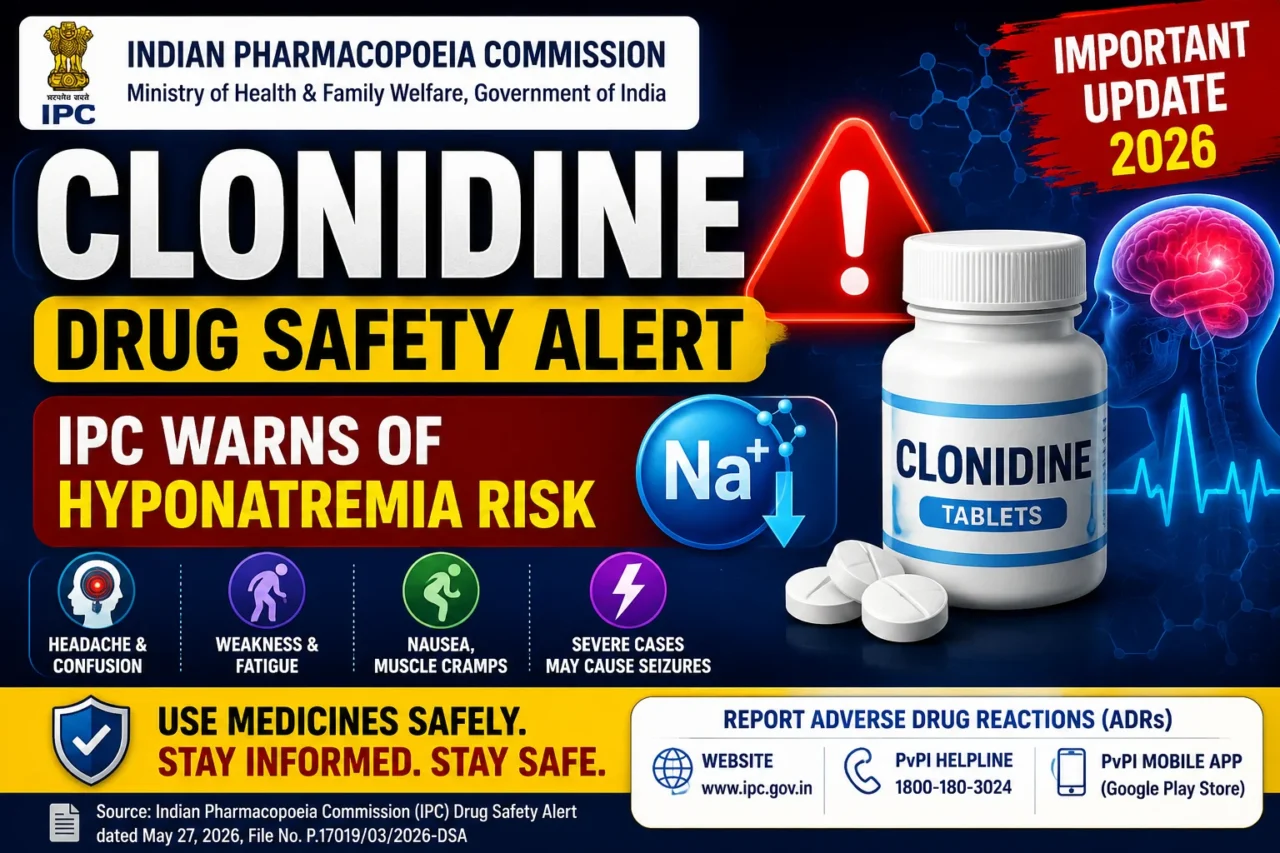 Clonidine Drug Safety Alert 2026 YouTube thumbnail highlighting IPC warning about the risk of hyponatremia, symptoms, and medicine safety advisory.