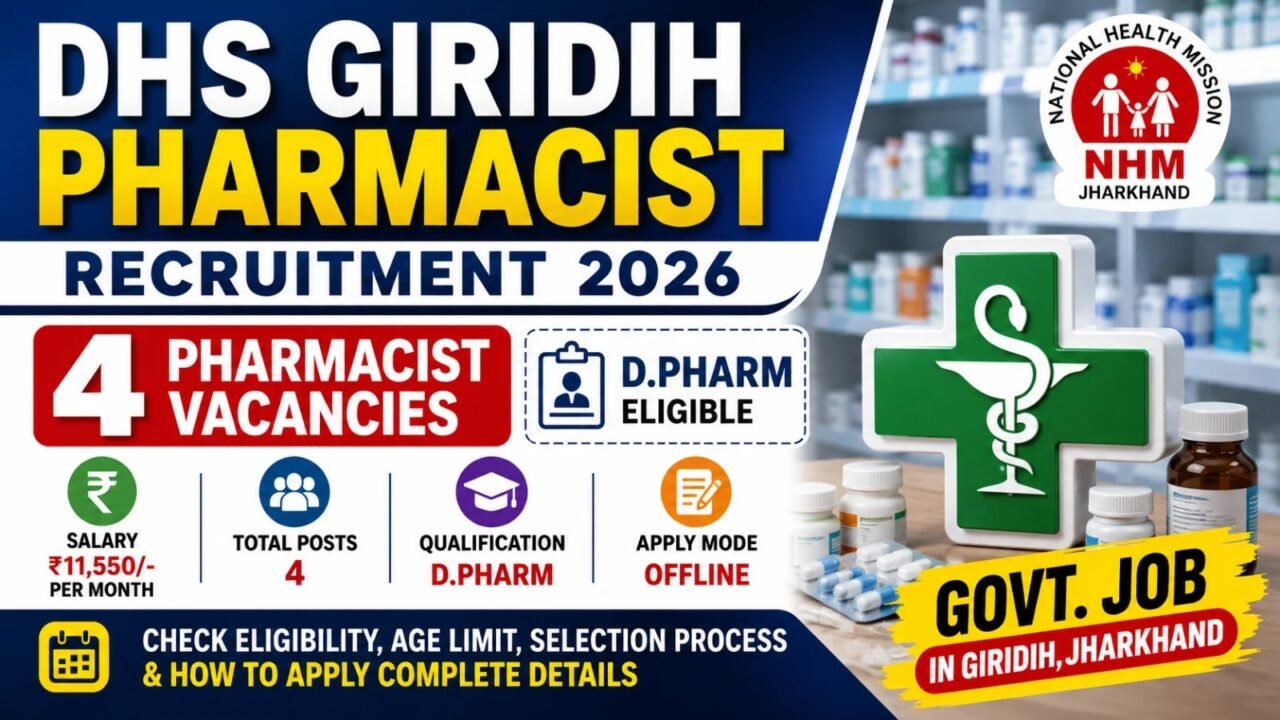 Eye-catching YouTube thumbnail for DHS Giridih Pharmacist Recruitment 2026 featuring the NHM Jharkhand logo, pharmacy background, pharmacist symbol, medicine bottles, and key highlights including 4 vacancies, D.Pharm eligibility, salary, offline application mode, and government job opportunity.