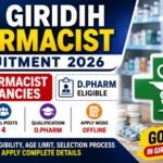 Eye-catching YouTube thumbnail for DHS Giridih Pharmacist Recruitment 2026 featuring the NHM Jharkhand logo, pharmacy background, pharmacist symbol, medicine bottles, and key highlights including 4 vacancies, D.Pharm eligibility, salary, offline application mode, and government job opportunity.