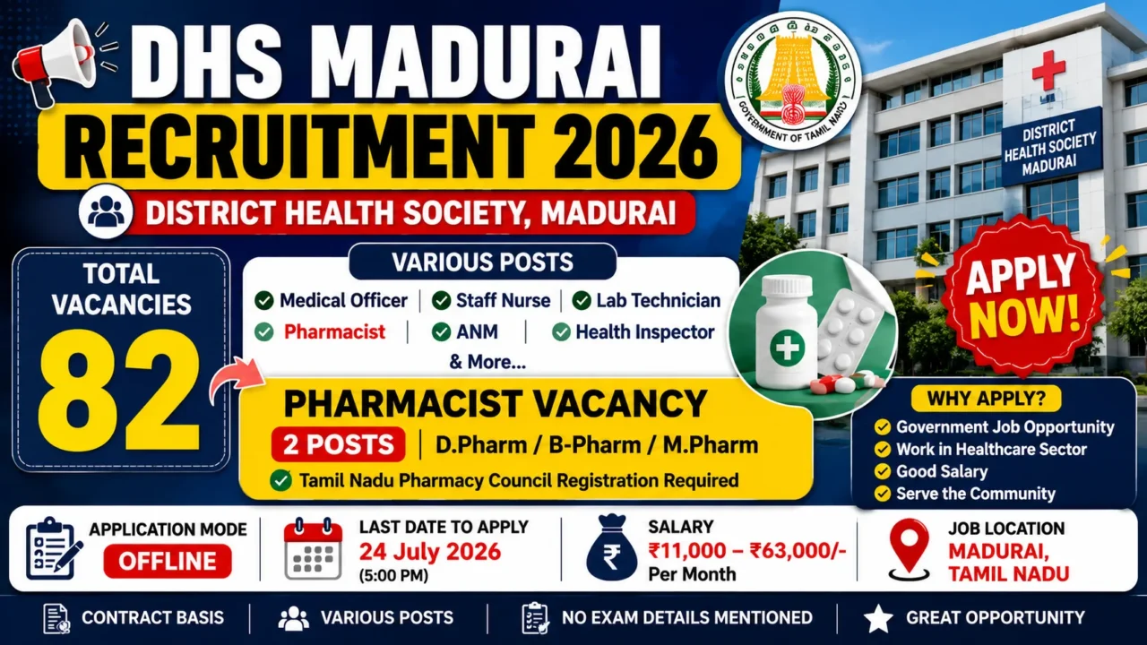DHS Madurai Recruitment 2026 notification featuring 82 vacancies including Pharmacist, Staff Nurse, Lab Technician, Medical Officer, ANM, and other healthcare posts in Tamil Nadu.