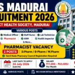 DHS Madurai Recruitment 2026 notification featuring 82 vacancies including Pharmacist, Staff Nurse, Lab Technician, Medical Officer, ANM, and other healthcare posts in Tamil Nadu.