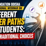 Eye-catching webinar thumbnail highlighting UPHAR Foundation Odisha's National Level Webinar on exploring different career paths for students beyond traditional choices, featuring career road illustrations and education-themed icons.