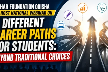 Eye-catching webinar thumbnail highlighting UPHAR Foundation Odisha's National Level Webinar on exploring different career paths for students beyond traditional choices, featuring career road illustrations and education-themed icons.