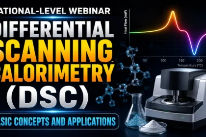 Dark-themed promotional thumbnail for a National-Level Webinar on Differential Scanning Calorimetry (DSC), featuring a modern DSC instrument, colorful heat flow graph, molecular structure, laboratory glassware, and the title "Differential Scanning Calorimetry (DSC): Basic Concepts & Applications."
