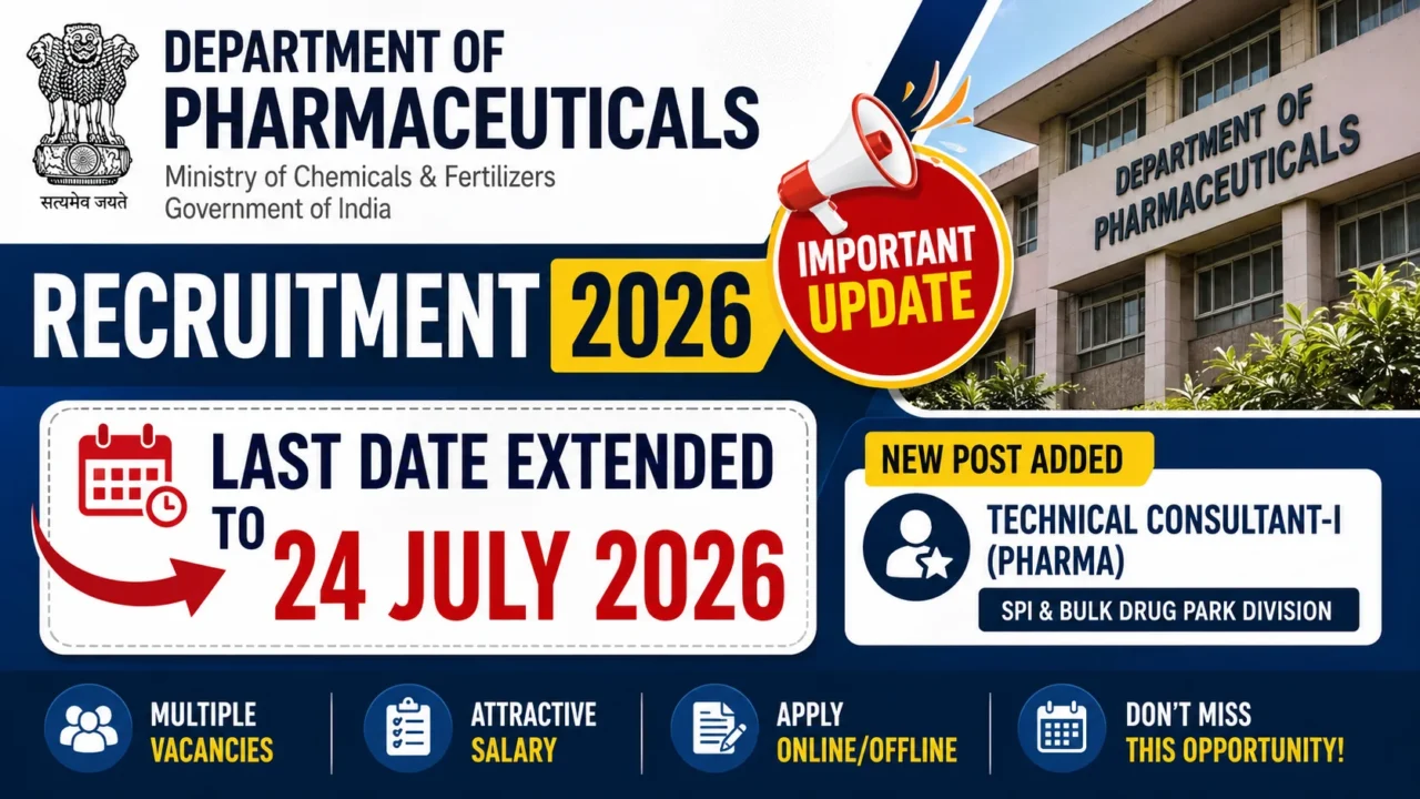 Department of Pharmaceuticals Recruitment 2026 thumbnail showing last date extended to 24 July 2026 with new Technical Consultant-I (Pharma) post announcement.