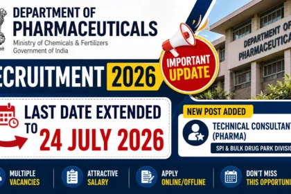 Department of Pharmaceuticals Recruitment 2026 thumbnail showing last date extended to 24 July 2026 with new Technical Consultant-I (Pharma) post announcement.
