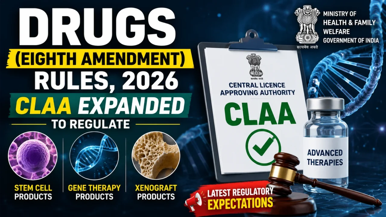 Drugs (Eighth Amendment) Rules 2026 thumbnail highlighting CLAA expansion to regulate Stem Cell Products, Gene Therapy Products, and Xenograft Products under the revised Drugs Rules, 1945.