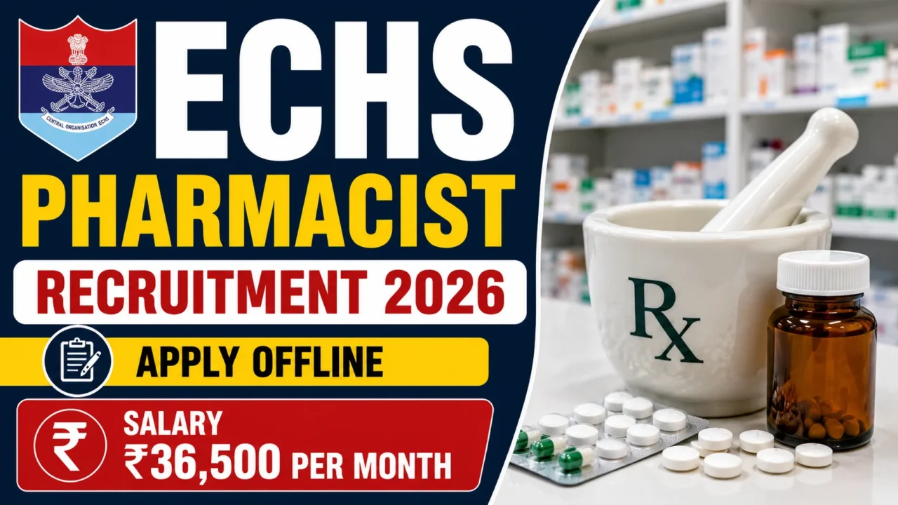 ECHS Pharmacist Recruitment 2026 YouTube thumbnail featuring offline application, ₹36,500 monthly salary, ECHS logo, pharmacy background, and pharmacist-related medical visuals.
