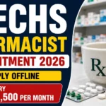 ECHS Pharmacist Recruitment 2026 YouTube thumbnail featuring offline application, ₹36,500 monthly salary, ECHS logo, pharmacy background, and pharmacist-related medical visuals.