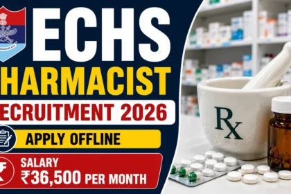 ECHS Pharmacist Recruitment 2026 YouTube thumbnail featuring offline application, ₹36,500 monthly salary, ECHS logo, pharmacy background, and pharmacist-related medical visuals.