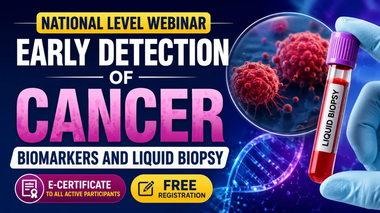 YouTube thumbnail promoting a National Level Webinar on Early Detection of Cancer featuring Biomarkers and Liquid Biopsy with DNA strand, cancer cells, blood sample tube, and free registration with e-certificate.