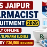 ECHS Jaipur Pharmacist Recruitment 2026 YouTube thumbnail featuring pharmacy medicines, capsules, mortar and pestle, ECHS emblem, and bold text highlighting offline application, D.Pharm/B.Pharm eligibility, and ₹36,500 per month salary.