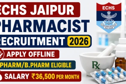 ECHS Jaipur Pharmacist Recruitment 2026 YouTube thumbnail featuring pharmacy medicines, capsules, mortar and pestle, ECHS emblem, and bold text highlighting offline application, D.Pharm/B.Pharm eligibility, and ₹36,500 per month salary.