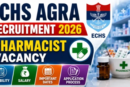 ECHS Agra Recruitment 2026 YouTube thumbnail featuring Pharmacist Vacancy with ECHS logo, pharmacy medicines, mortar and pestle, and recruitment highlights for eligibility, salary, important dates, and application process.
