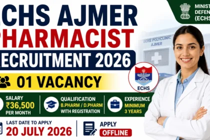 ECHS Ajmer Pharmacist Recruitment 2026 thumbnail showing 1 Pharmacist vacancy, ₹36,500 salary, offline application, Ministry of Defence ECHS Ajmer