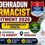 ECHS Dehradun Pharmacist Recruitment 2026 thumbnail featuring 2 Pharmacist posts, interview on 12 August, government job opportunity, and pharmacist illustration.