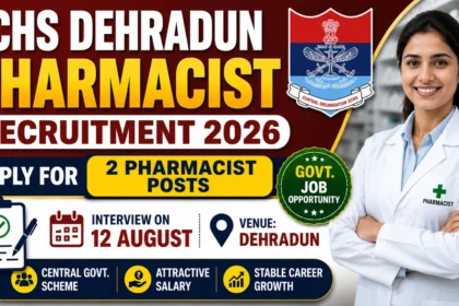 ECHS Dehradun Pharmacist Recruitment 2026 thumbnail featuring 2 Pharmacist posts, interview on 12 August, government job opportunity, and pharmacist illustration.