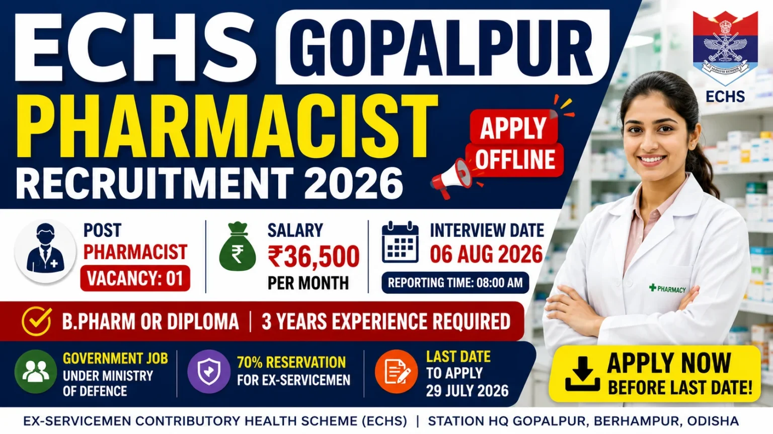 ECHS Gopalpur Pharmacist Recruitment 2026 thumbnail showing offline application, 1 vacancy, ₹36,500 salary, eligibility, interview date, and Ministry of Defence recruitment.
