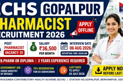 ECHS Gopalpur Pharmacist Recruitment 2026 thumbnail showing offline application, 1 vacancy, ₹36,500 salary, eligibility, interview date, and Ministry of Defence recruitment.