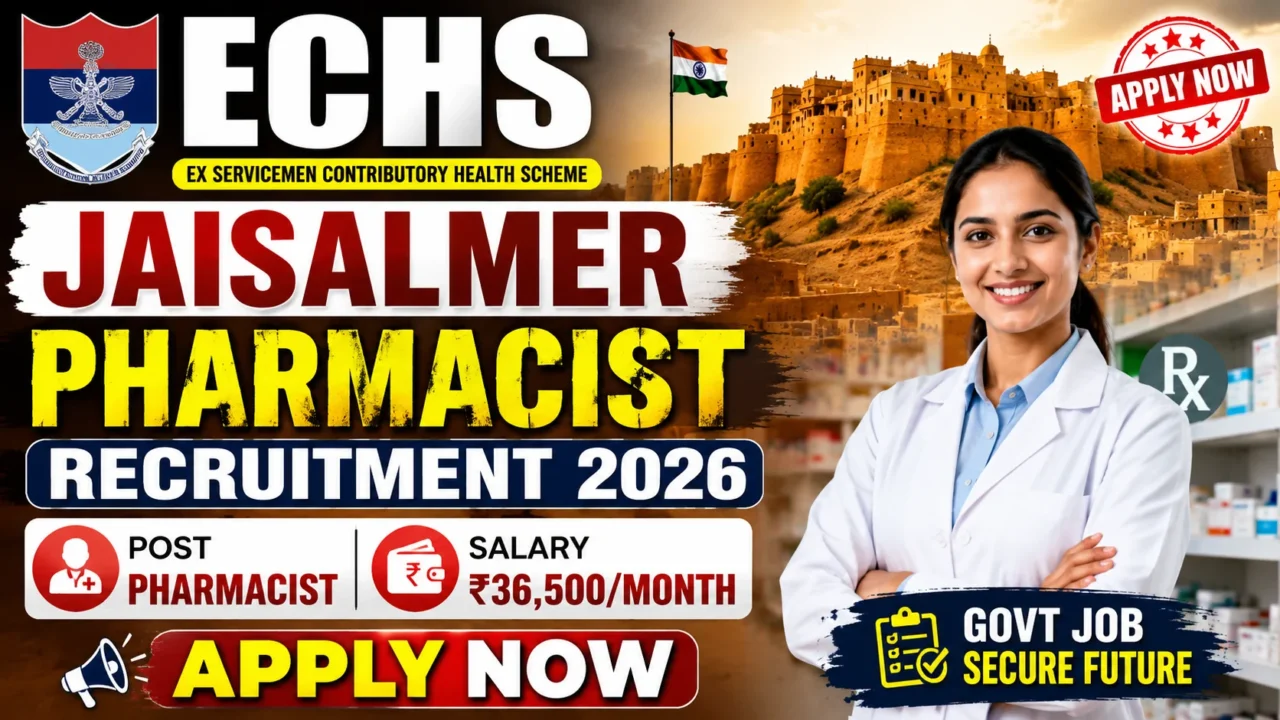 ECHS Jaisalmer Pharmacist Recruitment 2026 thumbnail featuring pharmacist vacancy, ECHS logo, Jaisalmer Fort background, and ₹36,500 per month salary highlight.