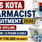 ECHS Kota Pharmacist Recruitment 2026 YouTube thumbnail featuring pharmacy medicines, capsules, mortar and pestle, ECHS logo, and bold text highlighting offline application, D.Pharm/B.Pharm eligibility, and ₹36,500 per month salary.
