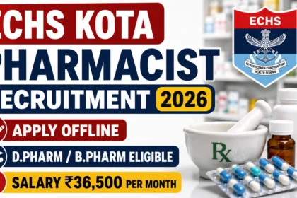 ECHS Kota Pharmacist Recruitment 2026 YouTube thumbnail featuring pharmacy medicines, capsules, mortar and pestle, ECHS logo, and bold text highlighting offline application, D.Pharm/B.Pharm eligibility, and ₹36,500 per month salary.