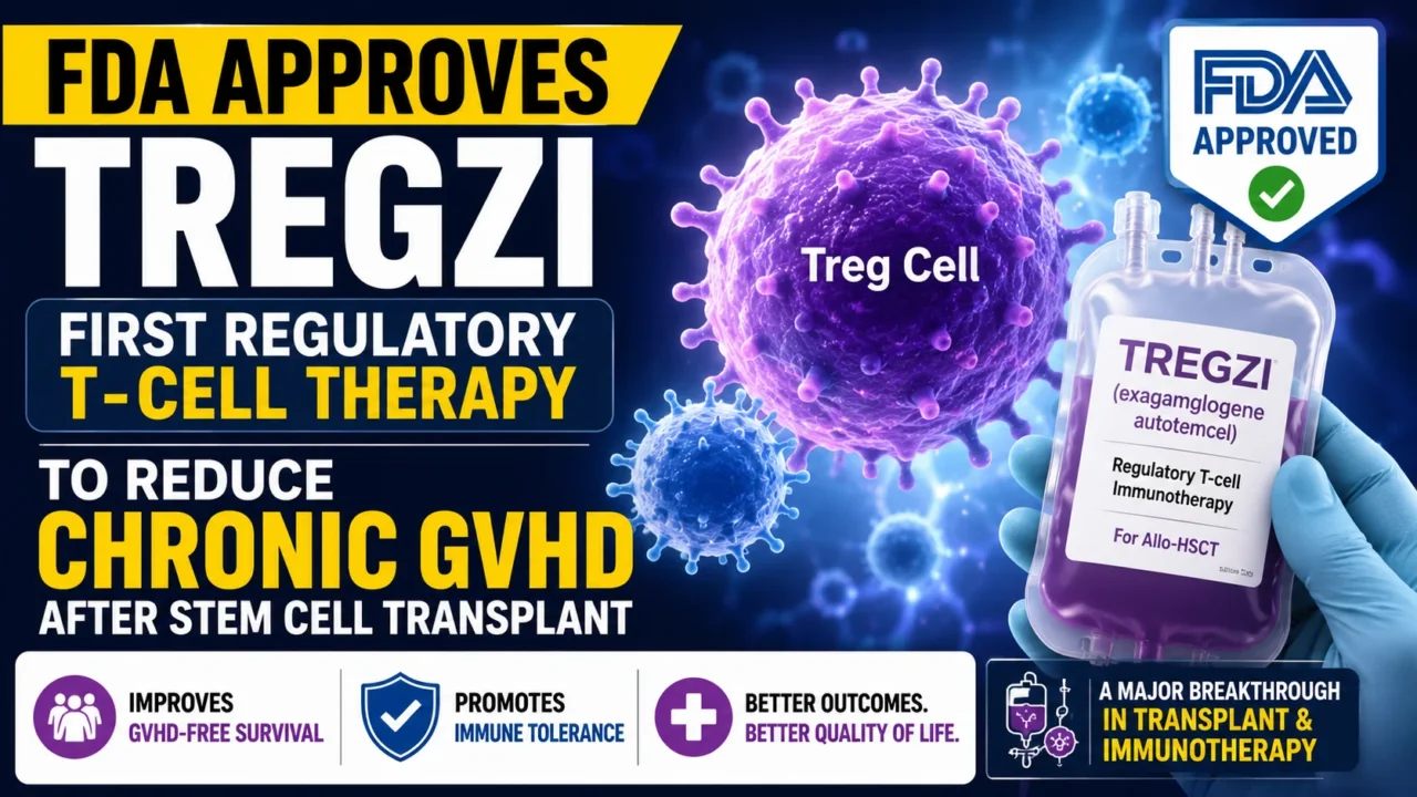 Illustration of Tregzi, the first FDA-approved regulatory T-cell therapy, highlighting its role in reducing chronic graft-versus-host disease (GVHD) after allogeneic stem cell transplantation.