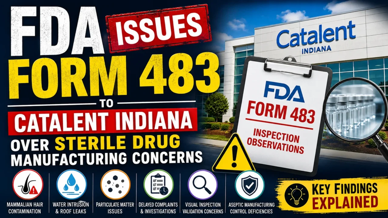 FDA Form 483 issued to Catalent Indiana after FDA inspection highlighting sterile drug manufacturing concerns and key inspection observations.