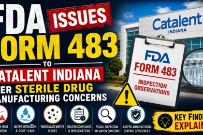 FDA Form 483 issued to Catalent Indiana after FDA inspection highlighting sterile drug manufacturing concerns and key inspection observations.