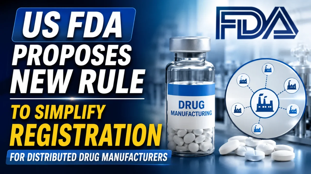 Eye-catching YouTube thumbnail featuring the US FDA logo, a pharmaceutical manufacturing vial, distributed manufacturing network graphic, and bold headline highlighting the FDA's proposed rule to simplify registration for distributed drug manufacturers.