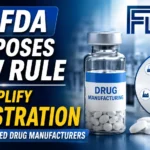 Eye-catching YouTube thumbnail featuring the US FDA logo, a pharmaceutical manufacturing vial, distributed manufacturing network graphic, and bold headline highlighting the FDA's proposed rule to simplify registration for distributed drug manufacturers.