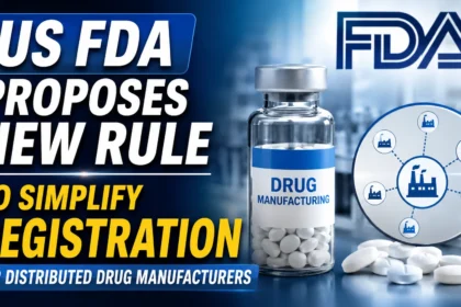 Eye-catching YouTube thumbnail featuring the US FDA logo, a pharmaceutical manufacturing vial, distributed manufacturing network graphic, and bold headline highlighting the FDA's proposed rule to simplify registration for distributed drug manufacturers.