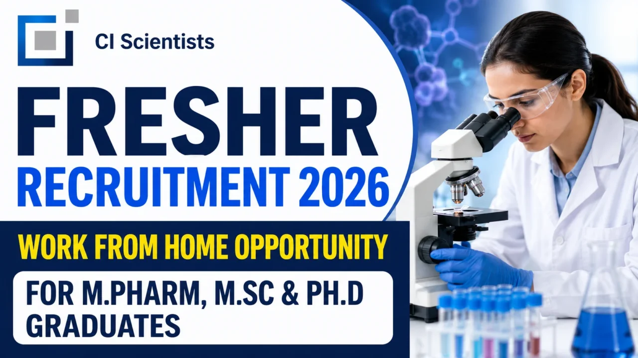 CI Scientists Fresher Recruitment 2026 thumbnail featuring a scientist working with a microscope, highlighting a work-from-home opportunity for M.Pharm, M.Sc, and Ph.D graduates.