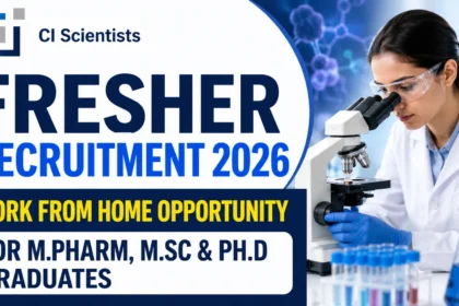 CI Scientists Fresher Recruitment 2026 thumbnail featuring a scientist working with a microscope, highlighting a work-from-home opportunity for M.Pharm, M.Sc, and Ph.D graduates.