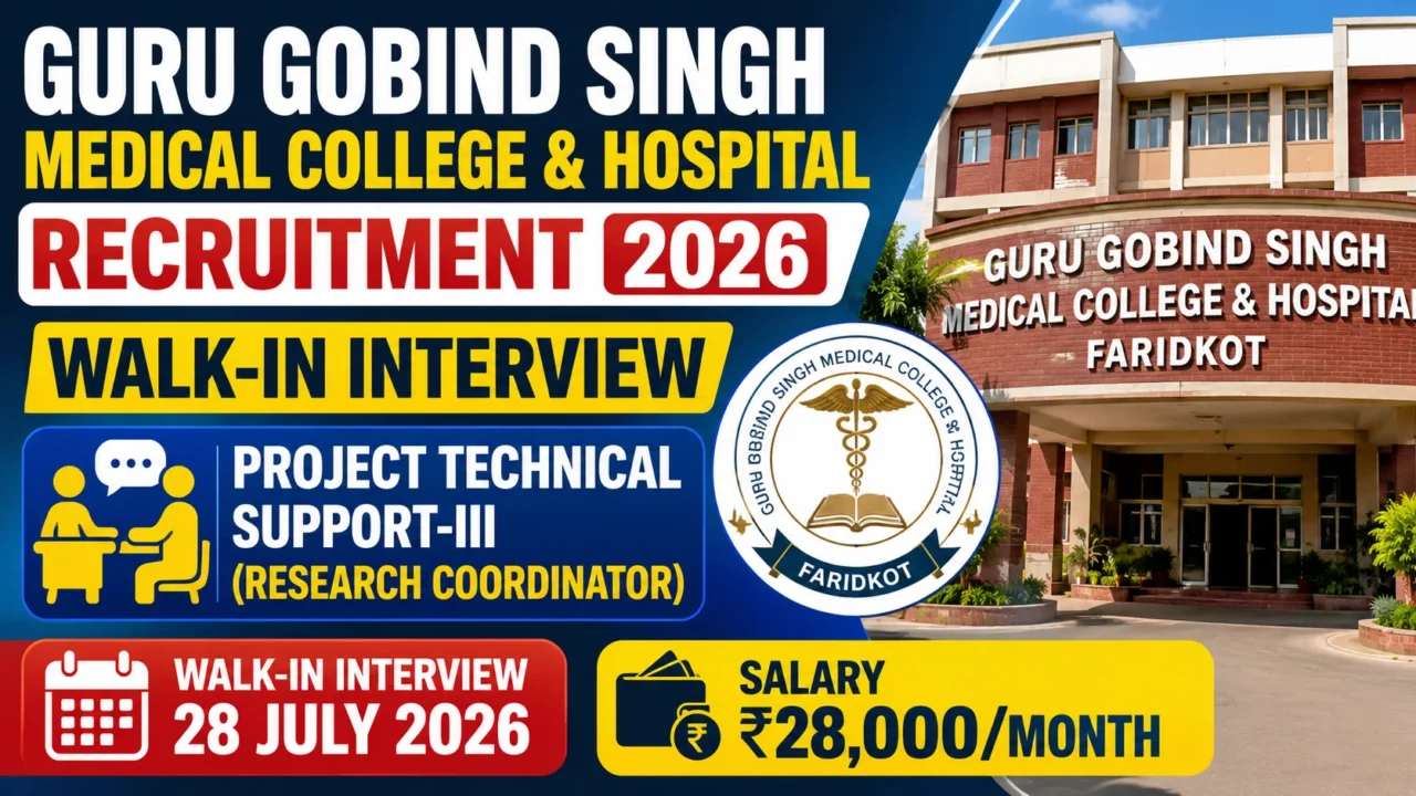 Guru Gobind Singh Medical College & Hospital Recruitment 2026 YouTube thumbnail featuring a Walk-in Interview for Project Technical Support-III (Research Coordinator) with a salary of ₹28,000 per month, hospital building, recruitment banner, and interview date.
