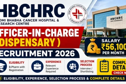 HBCHRC Officer-in-Charge (Dispensary) Recruitment 2026 thumbnail featuring ₹56,100 salary, eligibility, experience, selection process, and complete details.