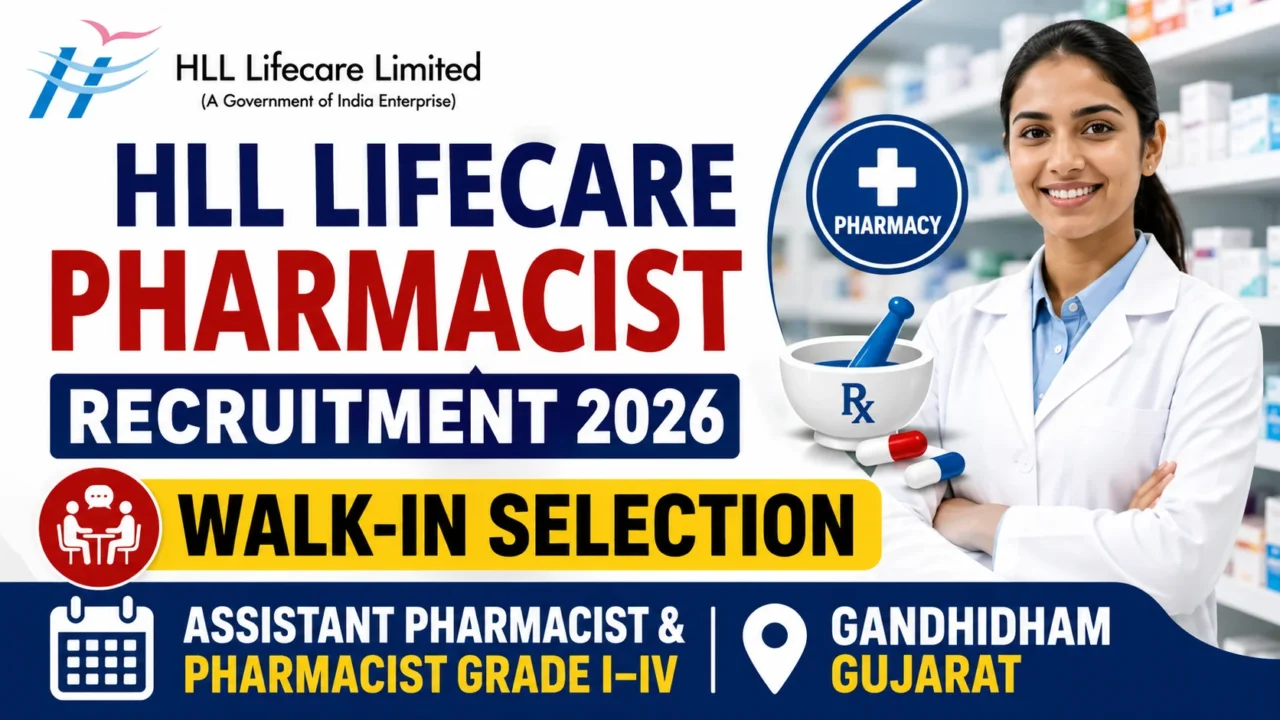 Eye-catching YouTube thumbnail for HLL Lifecare Pharmacist Recruitment 2026 featuring Walk-In Selection, Assistant Pharmacist and Pharmacist Grade I–IV vacancies, a professional pharmacist, pharmacy icons, and Gandhidham, Gujarat location.