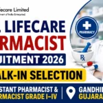 Eye-catching YouTube thumbnail for HLL Lifecare Pharmacist Recruitment 2026 featuring Walk-In Selection, Assistant Pharmacist and Pharmacist Grade I–IV vacancies, a professional pharmacist, pharmacy icons, and Gandhidham, Gujarat location.