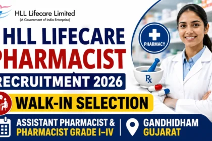 Eye-catching YouTube thumbnail for HLL Lifecare Pharmacist Recruitment 2026 featuring Walk-In Selection, Assistant Pharmacist and Pharmacist Grade I–IV vacancies, a professional pharmacist, pharmacy icons, and Gandhidham, Gujarat location.