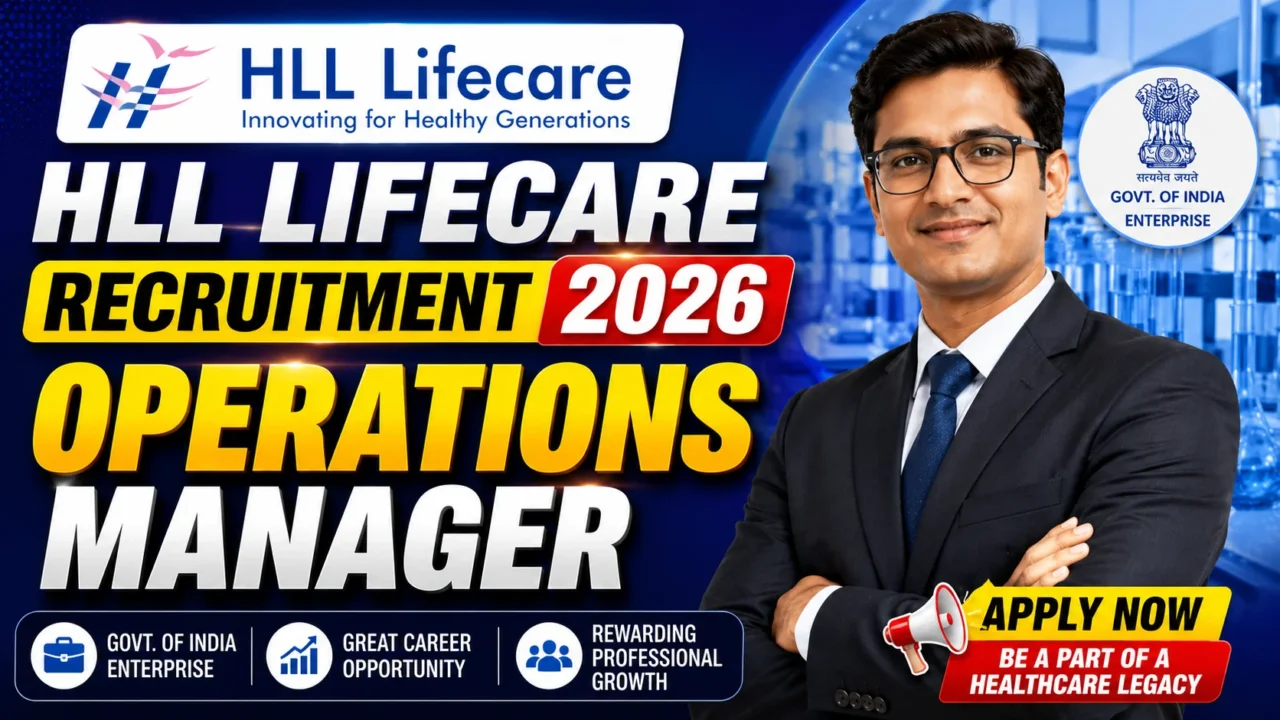 HLL Lifecare Recruitment 2026 Operations Manager Vacancy YouTube thumbnail featuring a professional executive with HLL Lifecare branding and bold recruitment announcement.