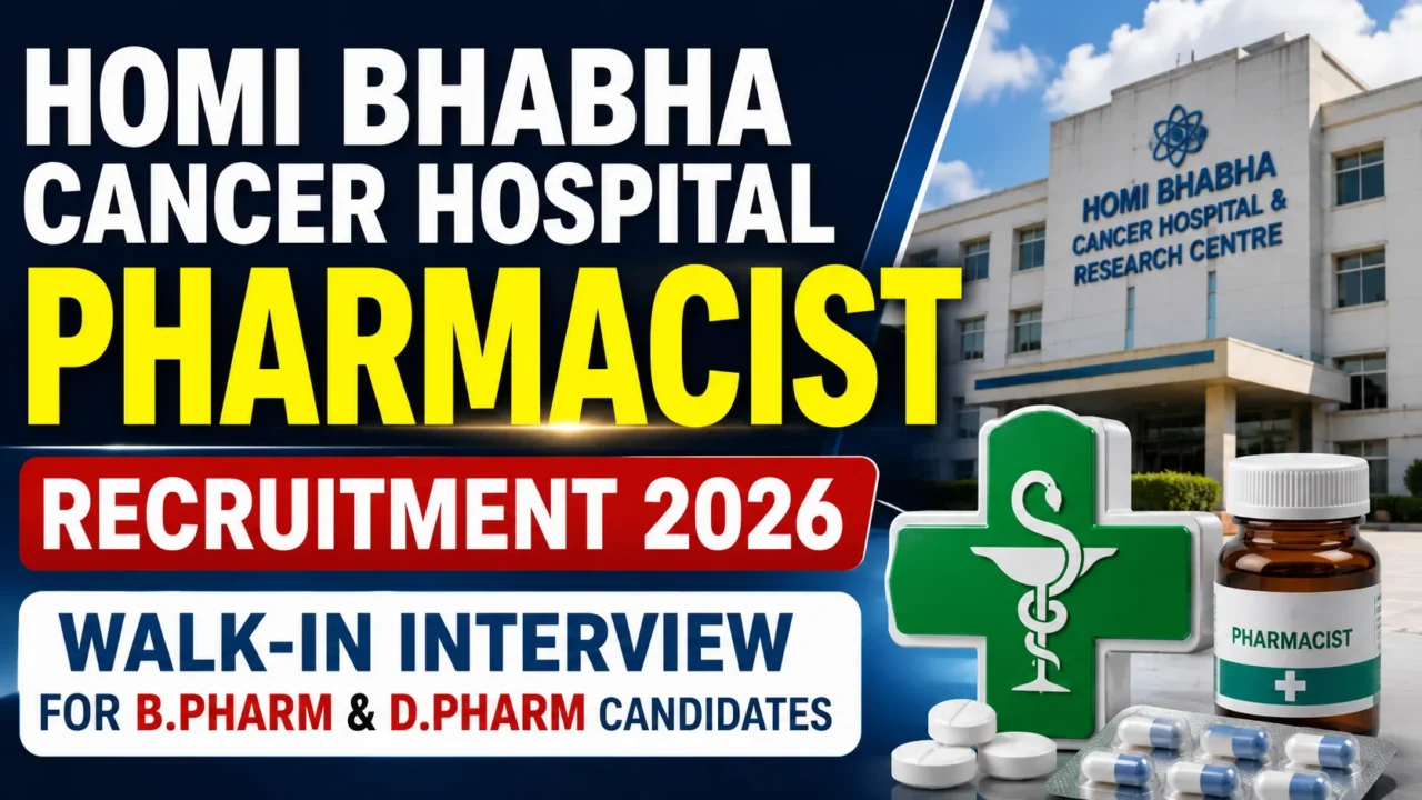 Eye-catching YouTube thumbnail for Homi Bhabha Cancer Hospital Pharmacist Recruitment 2026 featuring the hospital building, pharmacy symbol, medicine bottle, tablets, and bold text highlighting Walk-in Interview for B.Pharm and D.Pharm candidates.