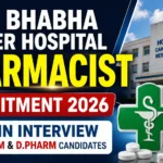 Eye-catching YouTube thumbnail for Homi Bhabha Cancer Hospital Pharmacist Recruitment 2026 featuring the hospital building, pharmacy symbol, medicine bottle, tablets, and bold text highlighting Walk-in Interview for B.Pharm and D.Pharm candidates.