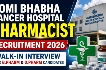 Eye-catching YouTube thumbnail for Homi Bhabha Cancer Hospital Pharmacist Recruitment 2026 featuring the hospital building, pharmacy symbol, medicine bottle, tablets, and bold text highlighting Walk-in Interview for B.Pharm and D.Pharm candidates.