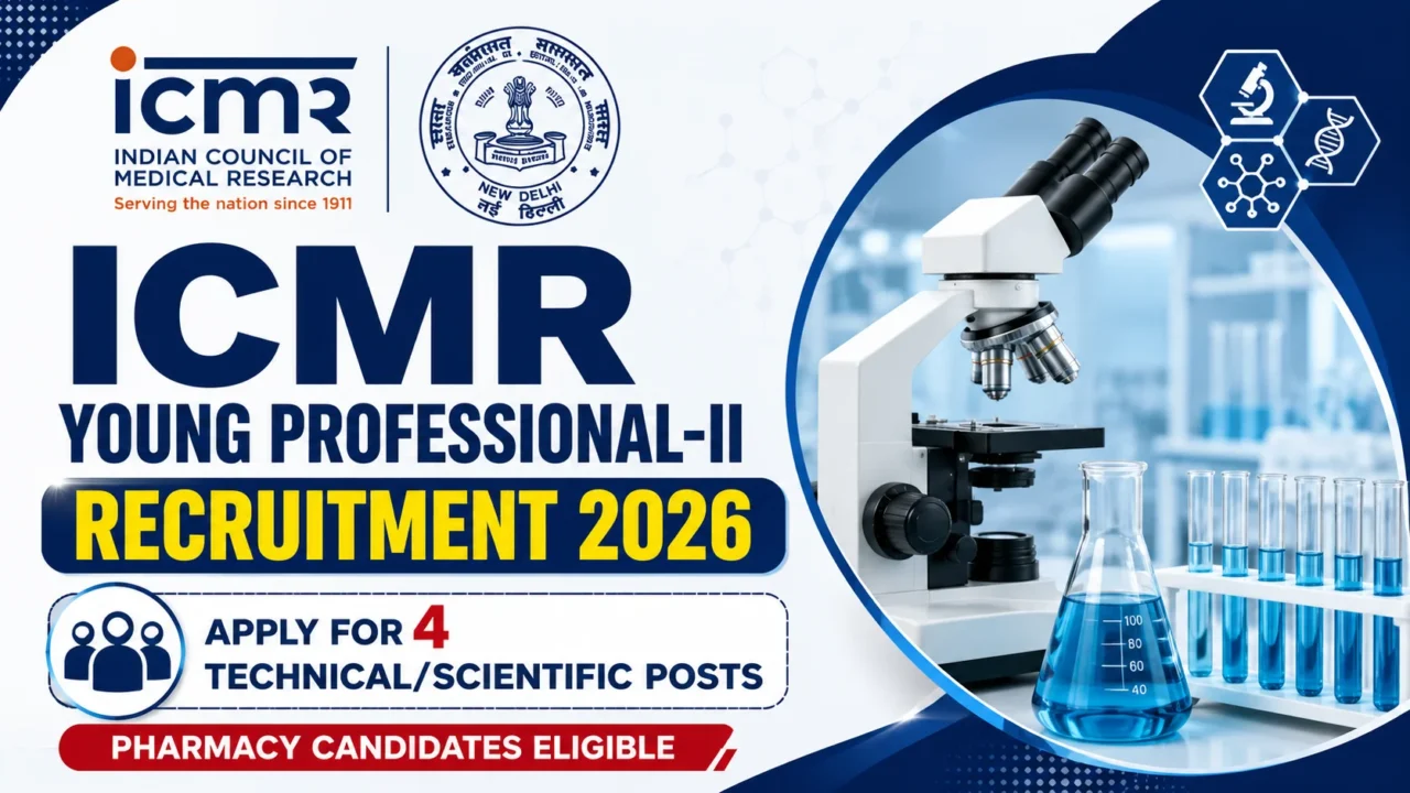 ICMR Young Professional-II Recruitment 2026 thumbnail featuring ICMR logo, microscope, laboratory glassware, and the text "Apply for 4 Technical/Scientific Posts – Pharmacy Candidates Eligible."