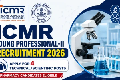 ICMR Young Professional-II Recruitment 2026 thumbnail featuring ICMR logo, microscope, laboratory glassware, and the text "Apply for 4 Technical/Scientific Posts – Pharmacy Candidates Eligible."