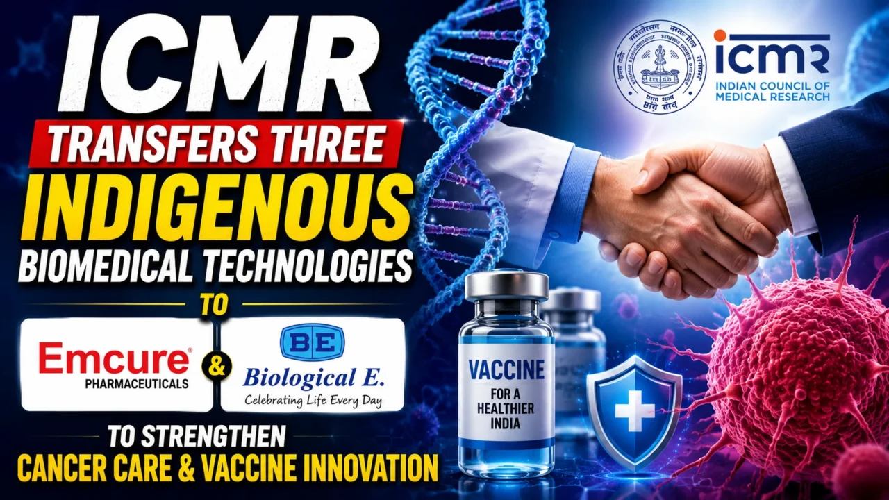 ICMR transfers three indigenous biomedical technologies to Emcure Pharmaceuticals and Biological E to strengthen cancer care, vaccine innovation, and India's biotechnology ecosystem.