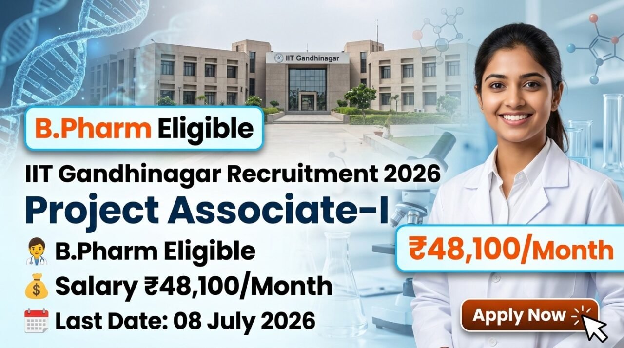 IIT Gandhinagar Project Associate-I Recruitment 2026 thumbnail featuring B.Pharm eligibility, salary up to ₹48,100 per month, last date 08 July 2026, research laboratory background, and IIT Gandhinagar campus.