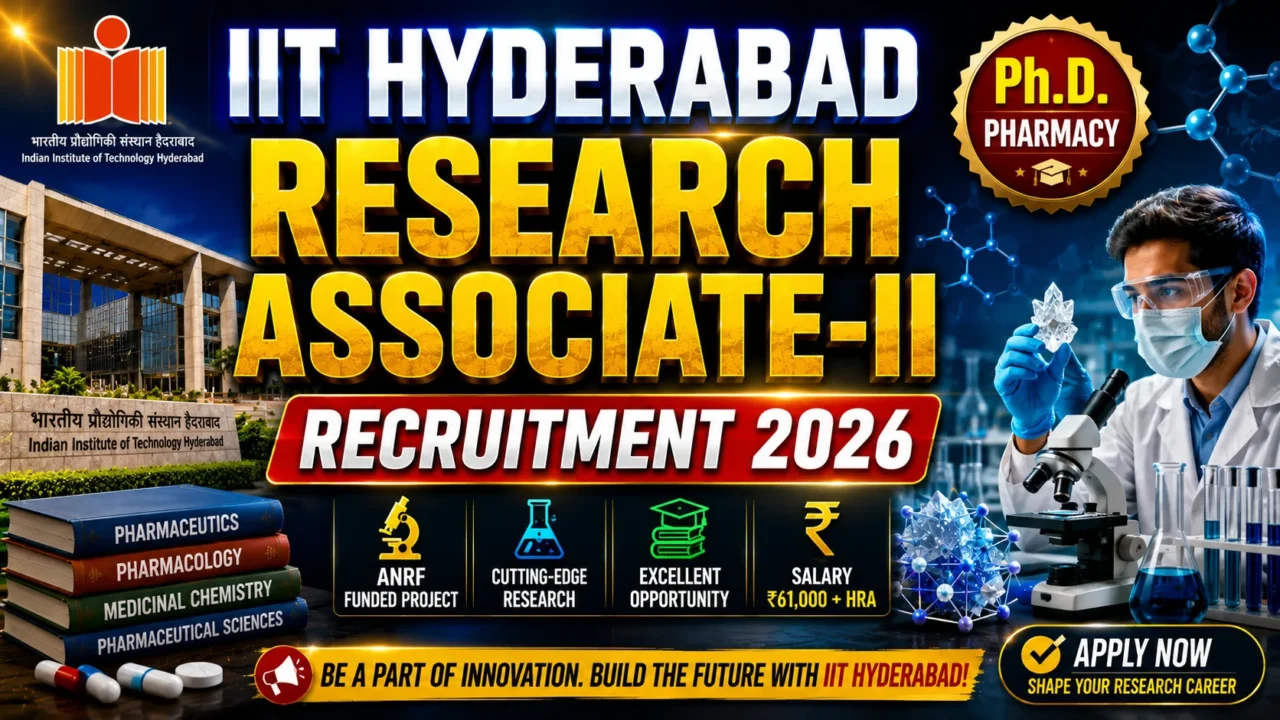 IIT Hyderabad Research Associate-II Recruitment 2026 thumbnail featuring IIT Hyderabad campus, research scientist in laboratory, Ph.D. Pharmacy opportunity, ANRF project, and recruitment announcement.